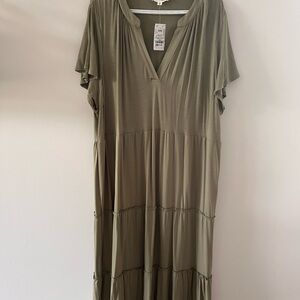 NWT Lucky Brand Olive Green Tiered Midi Dress